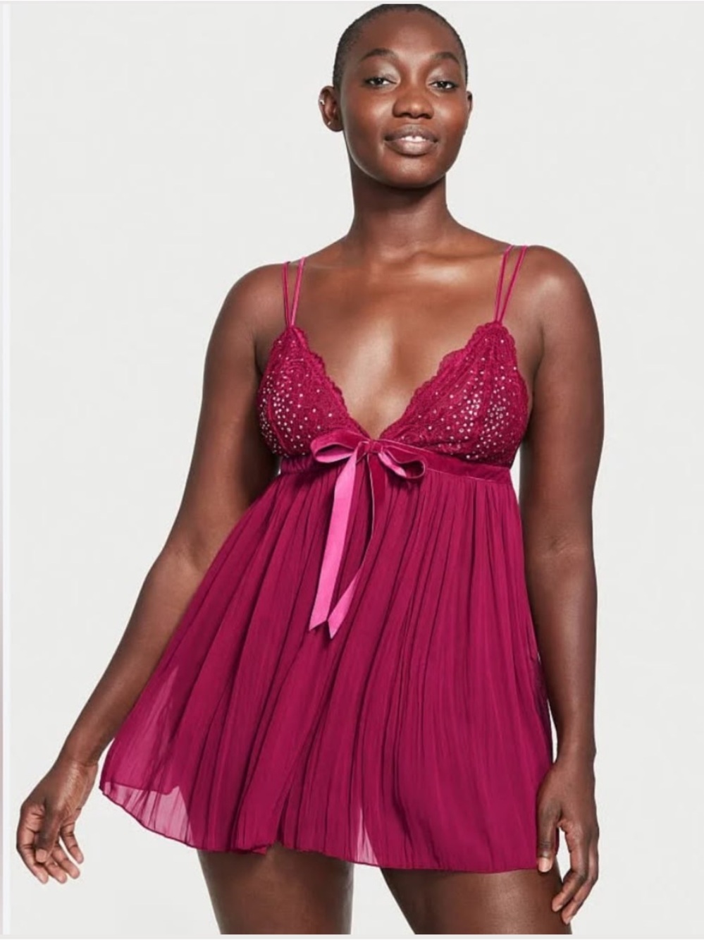 Victoria's Secret Magenta/ Wine Lace & Chiffon Gemstone Babydoll with Velvet Bow